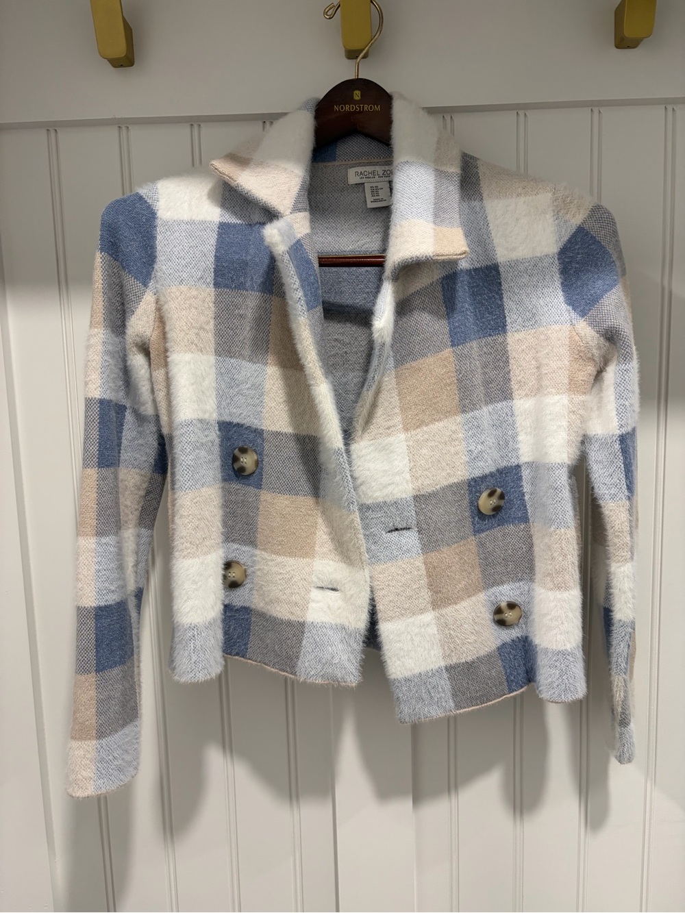 Rachel Zoe Blue, Cream & Tan Plaid Double-Breasted Blazer